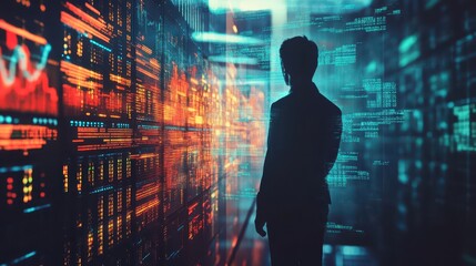 Professional Man in Data Center with Digital Interface