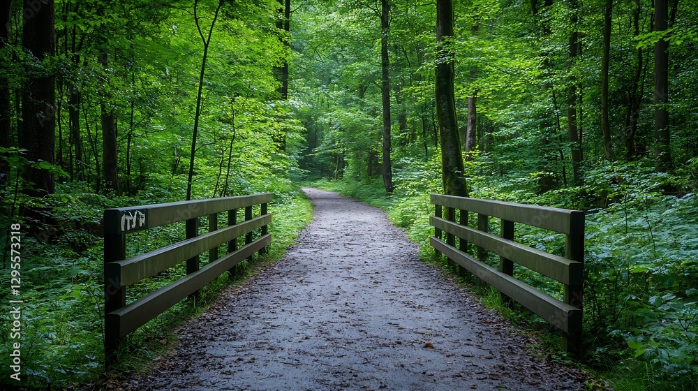 Poster A serene forest pathway surrounded by lush green trees inviting exploration and adventure : Generative AI