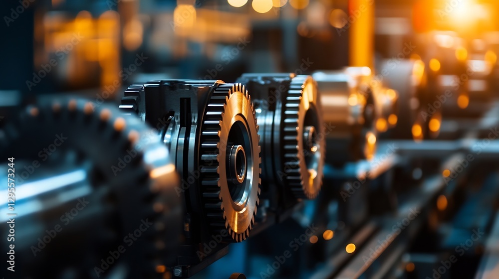 Poster Closeup of intricate gears and cogs in a factory setting illuminated by warm industrial lighting : Generative AI