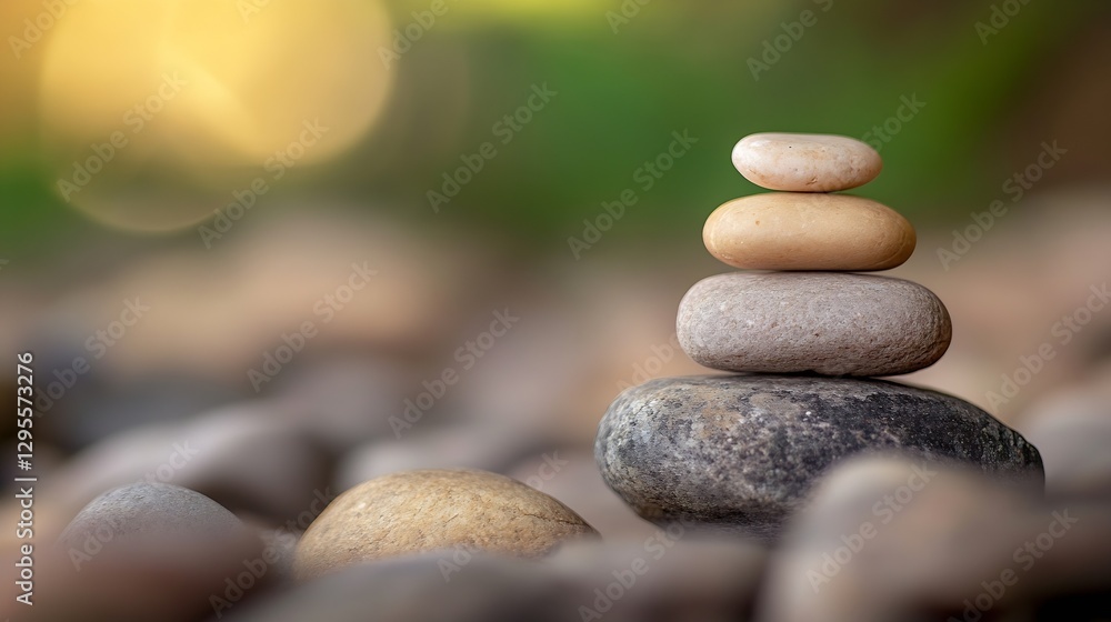 Poster calm and balanced arrangement of stacked pebbles surrounded by blurred nature providing a sense of t