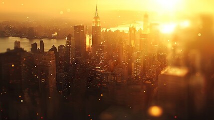 Obraz premium City skyline sunrise, New York at golden hour, aerial view, for travel posters