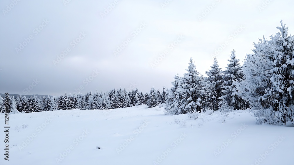 Poster serene winter scene with snowcovered evergreen trees and an overcast gray sky in a peaceful setting 