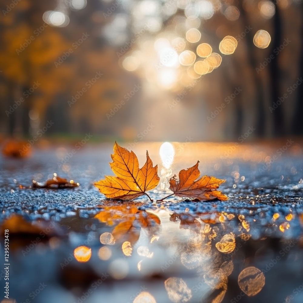 Poster autumnal reflection of maple leaves on wet pavement capturing the essence of fall season in a serene