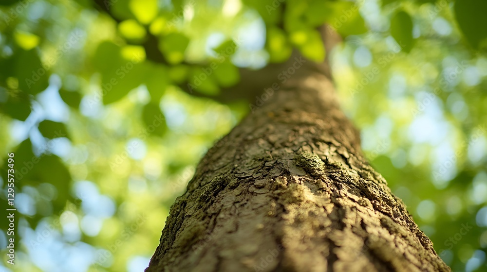 Aufkleber close up of tree bark under bright green leaves in a sunny atmosphere : generative ai