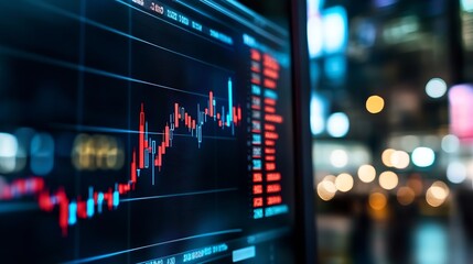 Dynamic Stock Market Graph Display with Fluctuating Data Points and City Lights : Generative AI