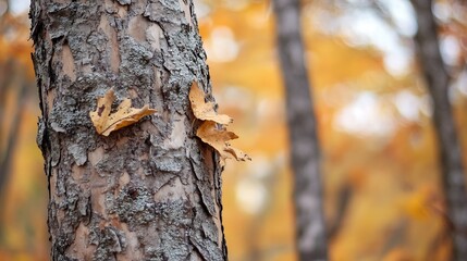 Closeup of tree bark with fallen autumn leaves in a forest filled with vibrant fall colors : Generative AI
