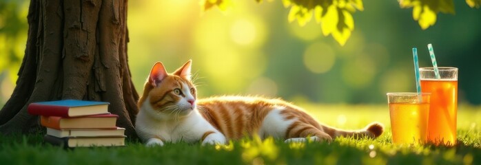 Cute red cat relaxing in a park with books and drinks on a sunny summer day