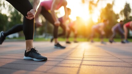 Focused athletes preparing for a competitive run during sunset in an outdoor training session : Generative AI