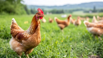 Fototapeta premium Free Range Chicken in Natural Farm Environment Roaming on Green Grass Under a Clear Sky : Generative AI