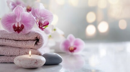 Elegant Orchid Flowers with Soft Towels and Candles for a Luxurious Spa Experience : Generative AI