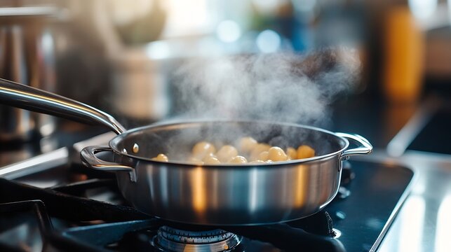 Cooking pot on stove releasing steam while preparing delicious food in kitchen : Generative AI