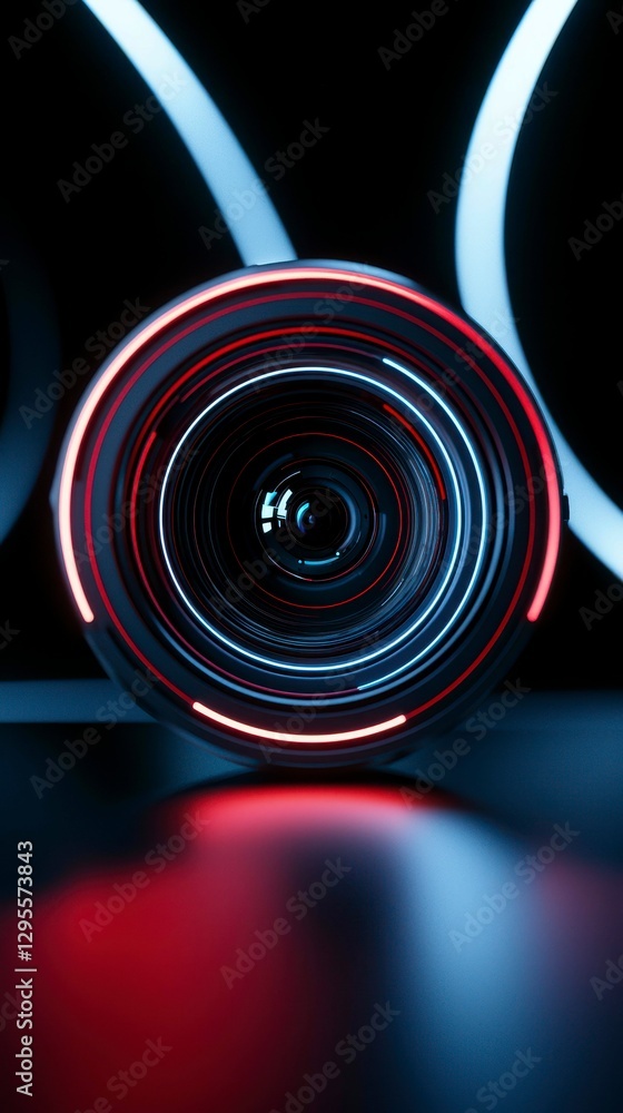 Poster glowing lenses illuminated by circular lights reflecting on sleek surface abstract image