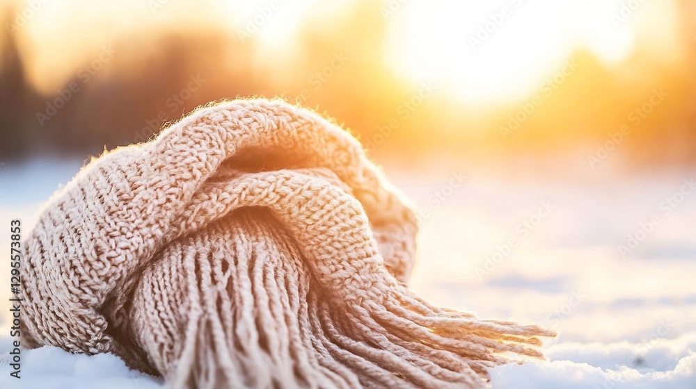 Poster cozy knitted scarf resting on snow with warm sunlight in the background for winter vibes : generativ
