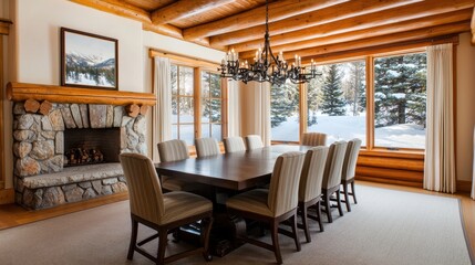 Fototapeta premium Elegant log cabin dining room with snowy view and cozy fireplace