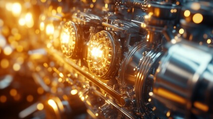 Fototapeta premium Dynamic engine components illuminated in industrial workshop close-up photography technological marvels industrial environment artistic viewpoint