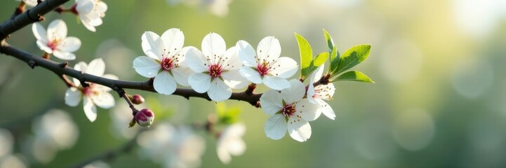delicate white blooms on quince tree branches, springtime, nature