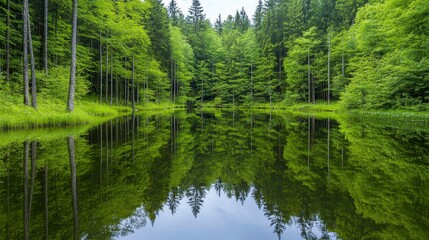 Obraz premium Serene Green Forest Reflections in Calm Lake Under Cloudy Sky