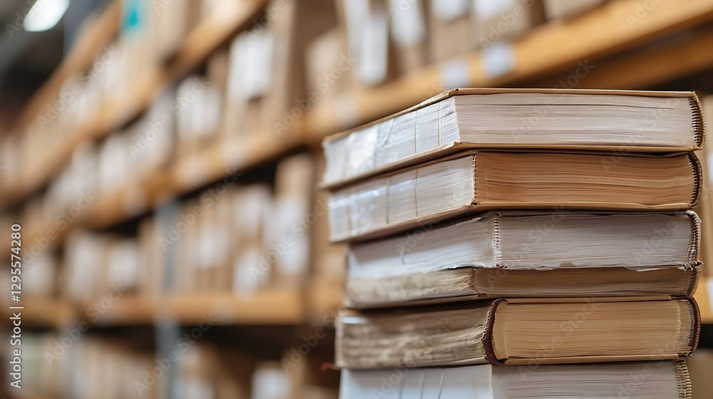 Aufkleber Stack of old books in a library with blurred background representing knowledge and education : Generative AI