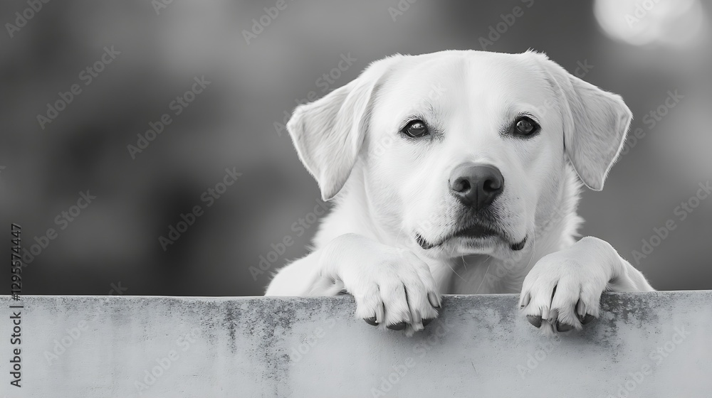 Poster portrait of a white dog looking over a barrier with a soft focus background : generative ai