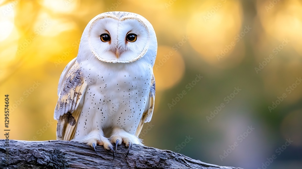 Poster Beautiful Barn Owl Sitting on a Tree Log with Soft Background of Nature and Bokeh Effect : Generative AI