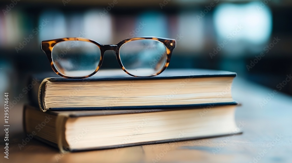 Poster stylish pair of reading glasses resting on top of books in a cozy library setting : generative ai