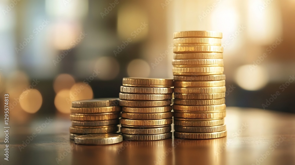 Leinwandbilder stacks of shiny gold coins representing wealth and financial growth in a blurred background : genera