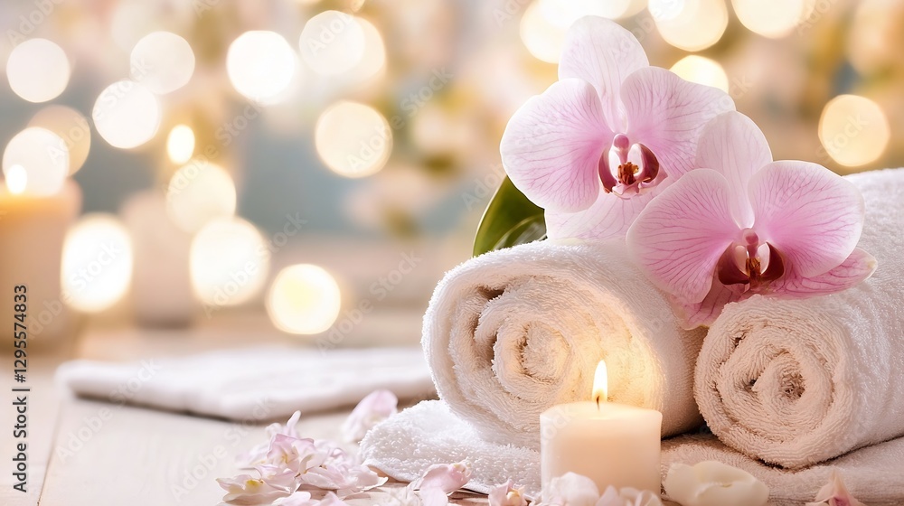 Poster Elegant spa towels with orchids and candles in soft focused setting : Generative AI