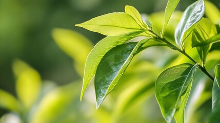 Obraz premium Lush green leaves glistening in natural sunlight showcasing the beauty of nature through vibrant foliage : Generative AI