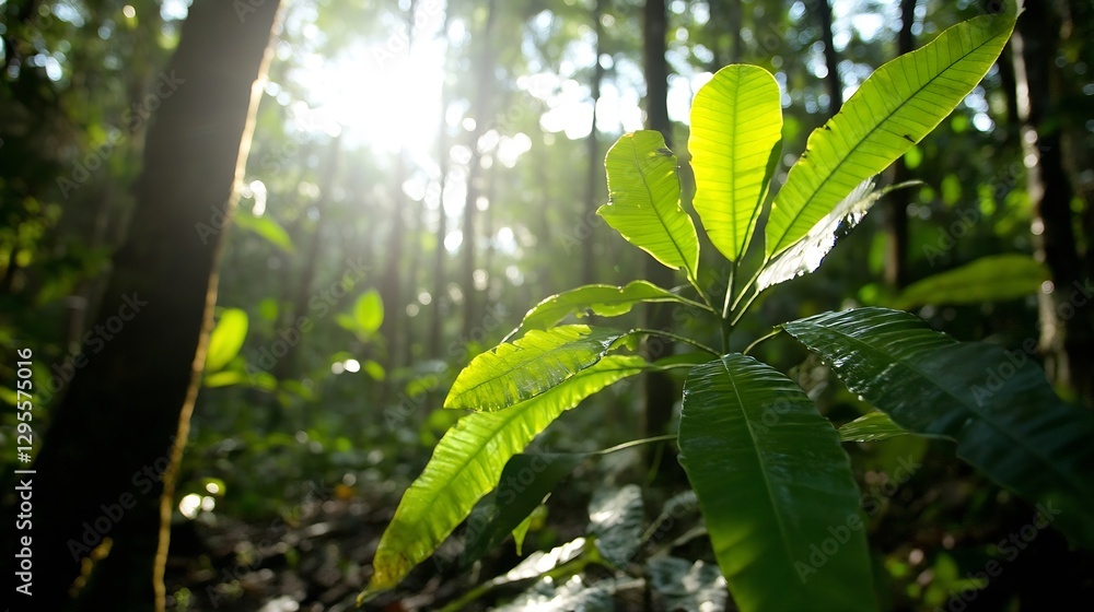 Poster lush forest scene with sunlight filtering through green leaves in jungle oasis : generative ai