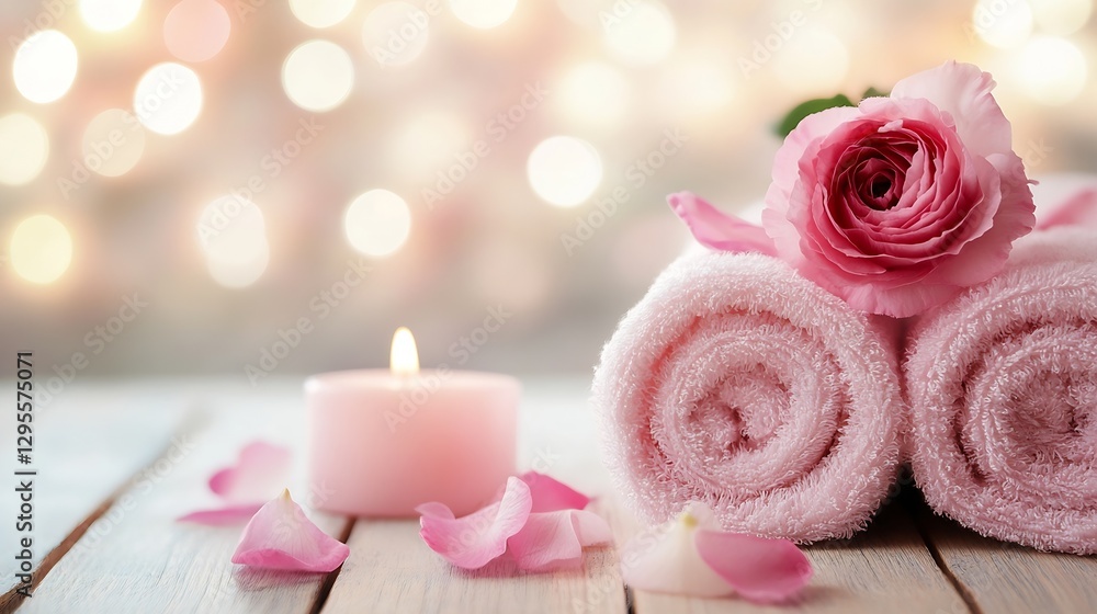 Poster Spa setting with towels flowers and candle creating a relaxing atmosphere for wellness and self-care practices : Generative AI