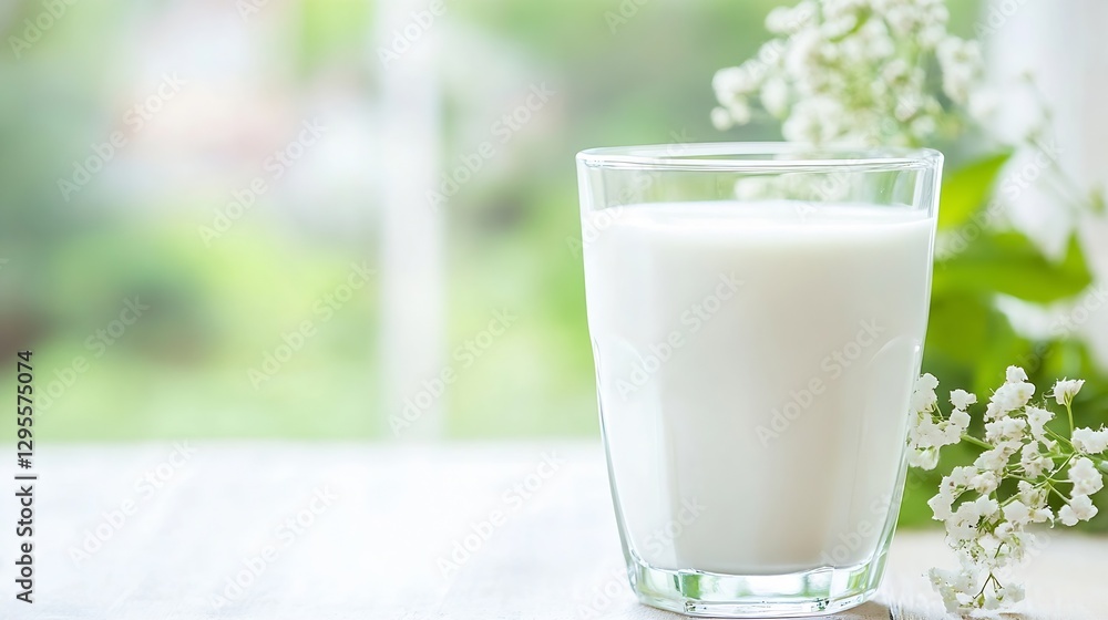 Poster refreshing glass of milk on a wooden table surrounded by greenery and soft natural light creating a 