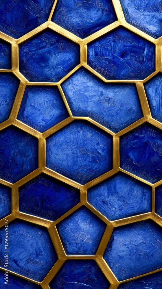Poster blue hexagon petals pattern with metallic gold borders abstract design art texture background