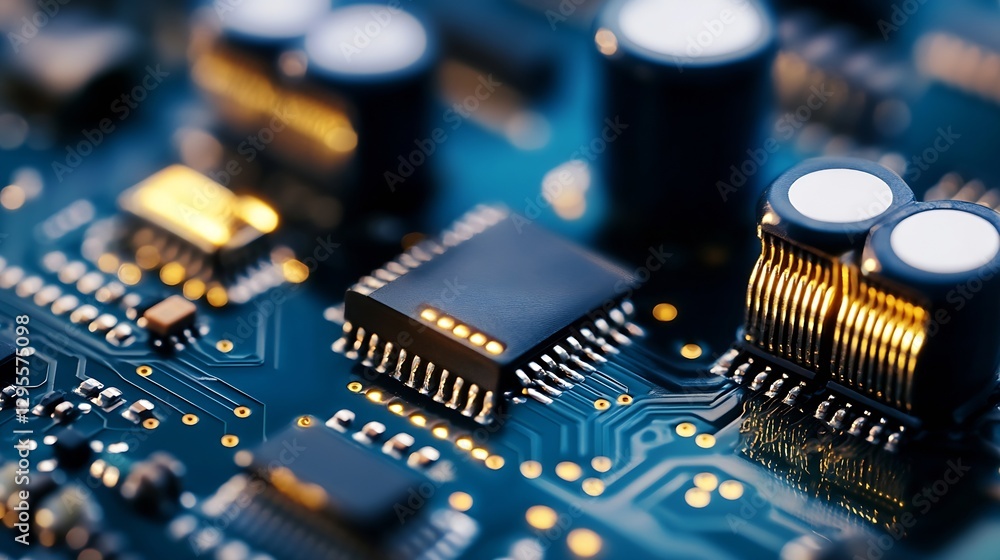 Poster detailed view of electronic chip with gold connectors and circuitry : generative ai