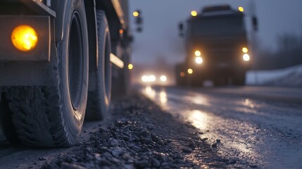 Heavy Trucks on the Road With Wet Pavement and Glowing Lights Creating a Gritty Urban Atmosphere : Generative AI