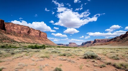Obraz premium Wide open desert view with dramatic cliffs and scenic clouds under a vibrant blue sky : Generative AI