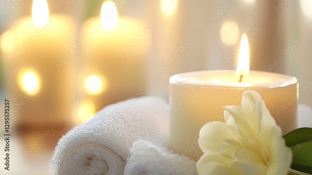 Poster Warm and inviting candles on towels with a soft flower creating a serene spa atmosphere : Generative AI