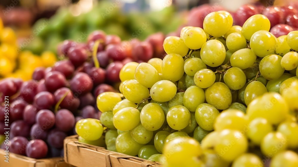 Poster Fresh Grapes in Various Colors on Display at a Vibrant Market Stall : Generative AI