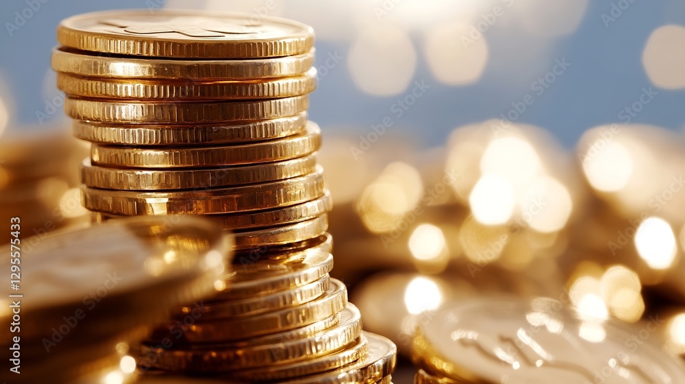 Poster shiny gold coins stacked against blurred light background for wealth concept : generative ai
