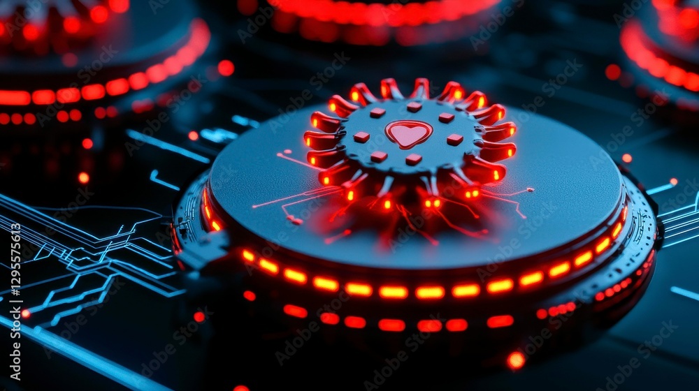 Poster futuristic virus core with circuitry and glowing elements in technological design concept