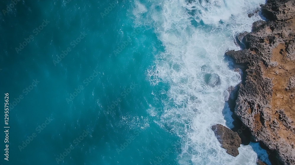 Aufkleber aerial view of rocky shoreline with crashing waves highlighted by vibrant ocean colors : generative 