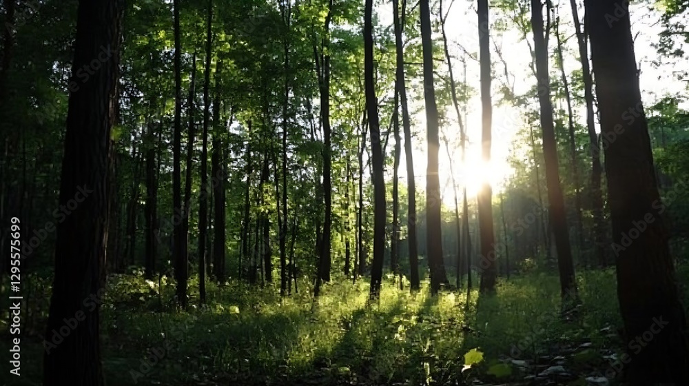 Aufkleber Sunlight filtering through tree trunks in a dense forest creating a beautiful ambience : Generative AI