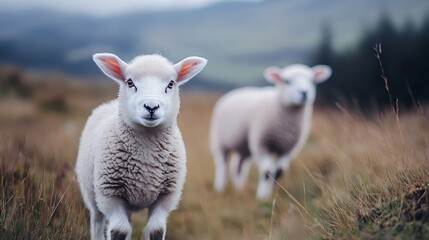 Obraz premium Cute sheep grazing in a beautiful green meadow under a cloudy sky : Generative AI