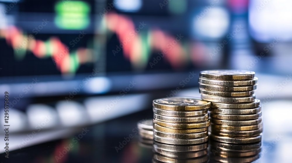 Fototapete stacks of golden coins with trading graph background representing dynamic market trends : generative