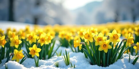 Obraz premium A field of yellow daffodils in snow-covered fields,, snowy fields, snowy scenery