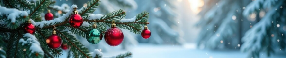 A fir branch decorated with colorful ornaments in the snow, icy forest, fir branches