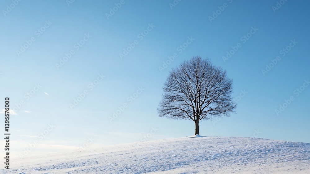Poster lonely winter tree standing on snowcovered hill under beautiful blue sky with soft clouds : generati