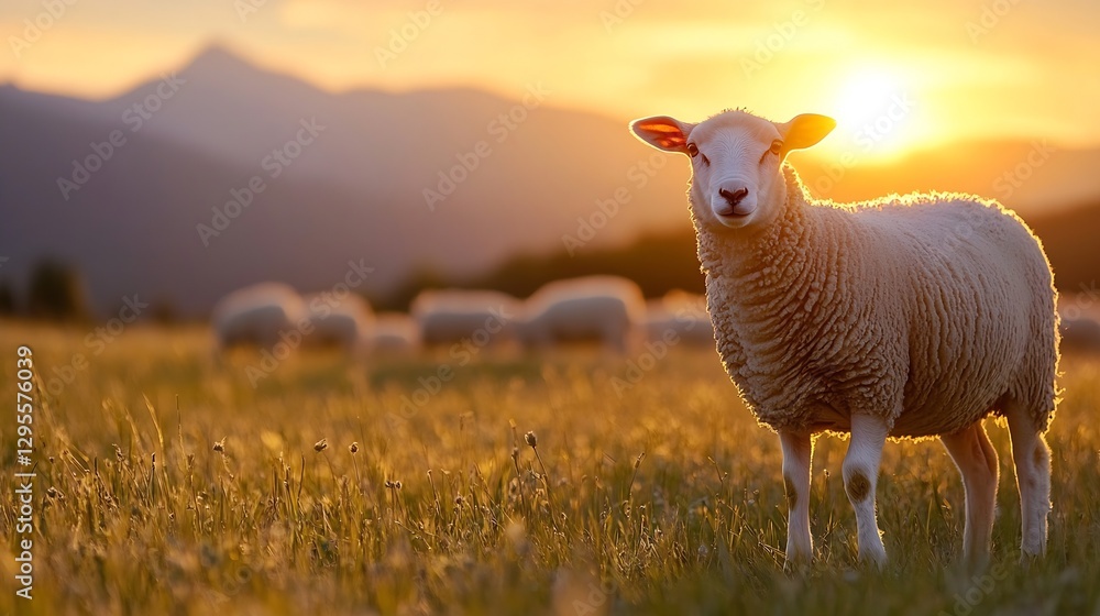 Poster charming sheep standing in a beautiful sunlit meadow with mountains in the background : generative a