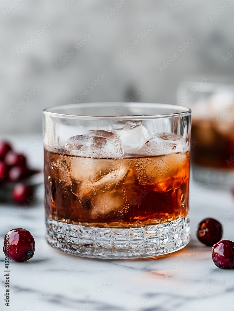 Poster refreshing cocktail drink with ice cubes and cranberries in a stylish glass on marble table : genera