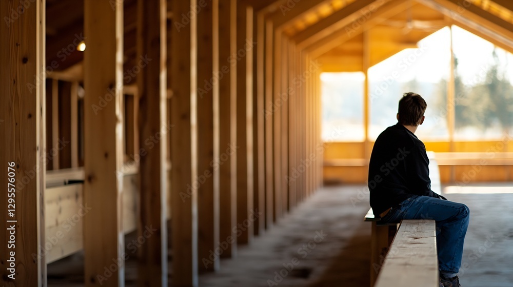 Poster solitary man sitting on a wooden bench inside a spacious welllit building with calming rustic decor 
