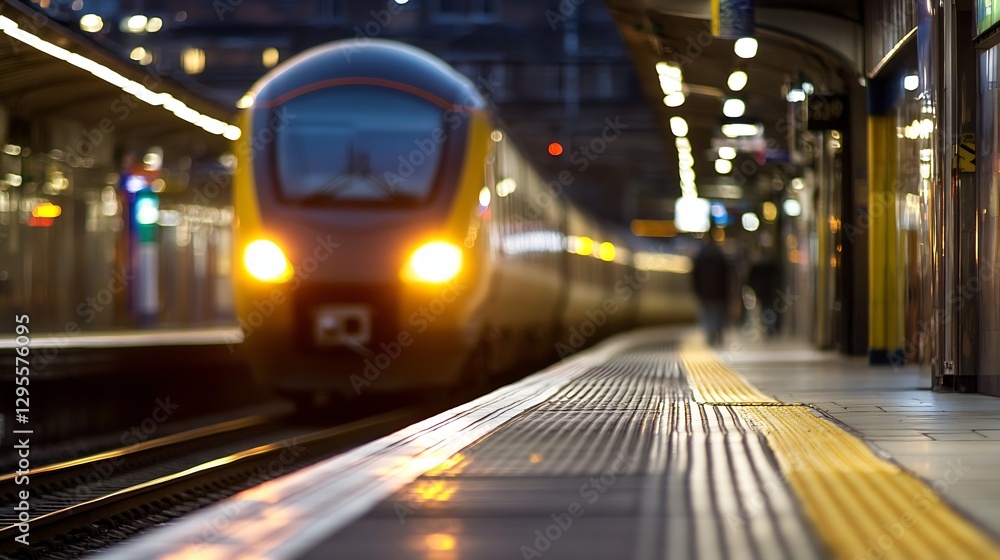 Poster blurry train approaching on station platform under bright lights : generative ai